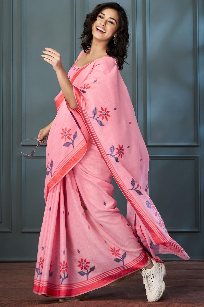 Enthralling Pink Cotton Silk Saree With Vibrant Blouse Piece