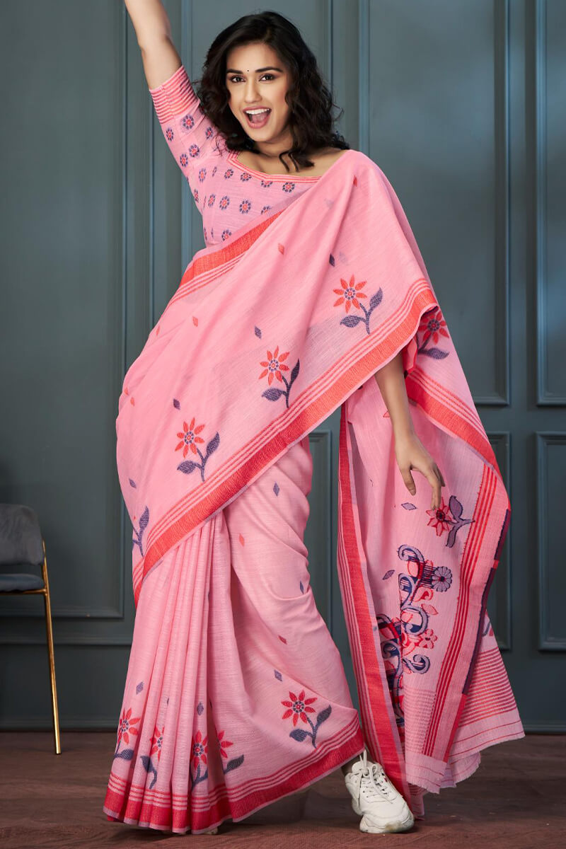 Enthralling Pink Cotton Silk Saree With Vibrant Blouse Piece