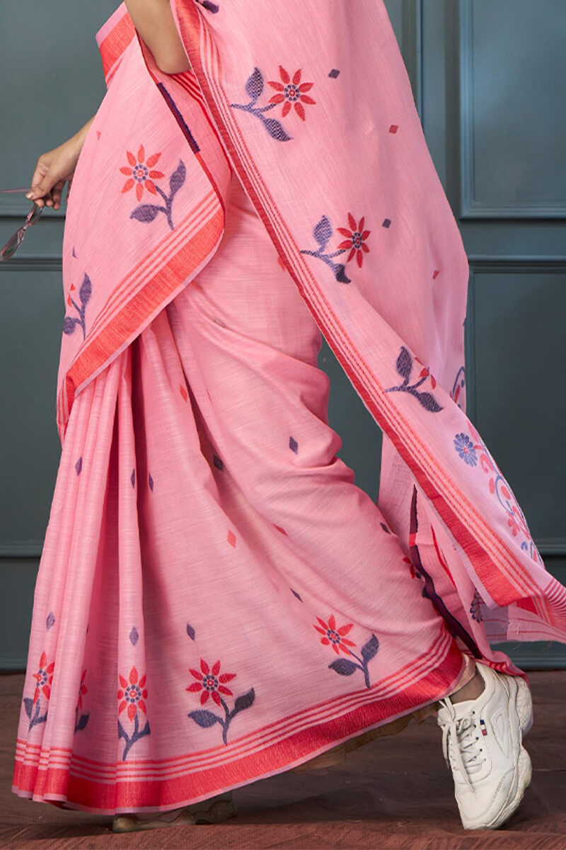 Enthralling Pink Cotton Silk Saree With Vibrant Blouse Piece