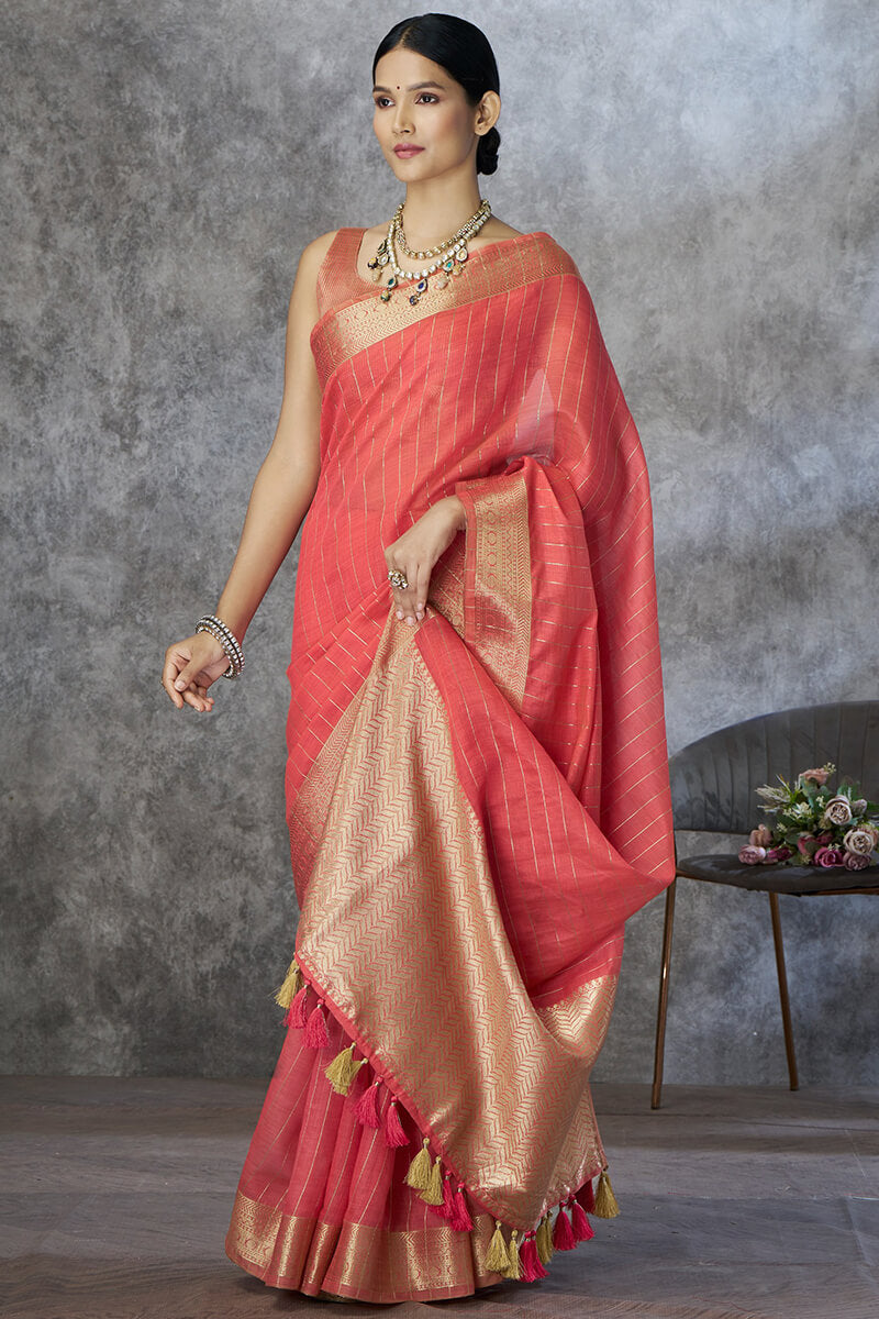 Proficient Red Cotton Silk Saree With Improbable Blouse Piece