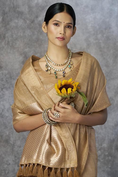 Load image into Gallery viewer, Cynosure Beige Cotton Silk Saree With Tantalizing Blouse Piece
