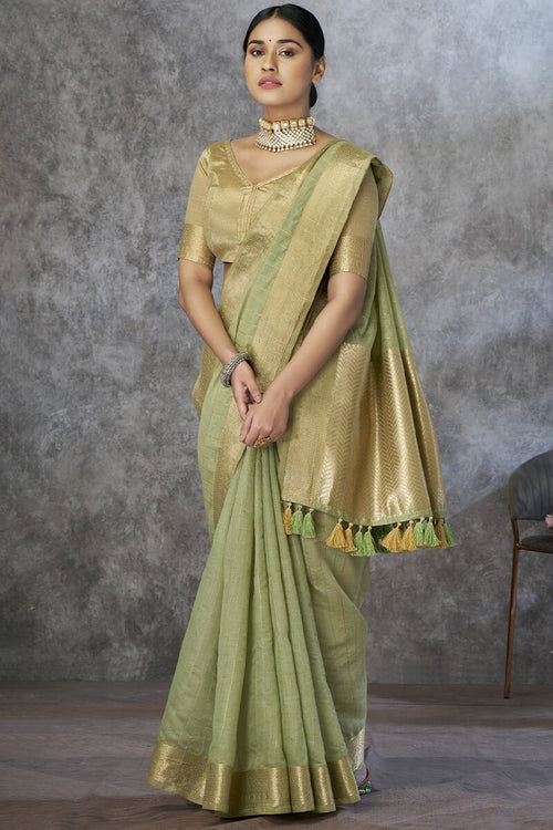 Load image into Gallery viewer, Zephyr Pista Cotton Silk Saree With Ornate Blouse Piece
