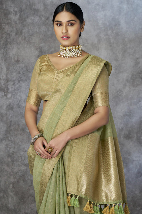 Load image into Gallery viewer, Zephyr Pista Cotton Silk Saree With Ornate Blouse Piece
