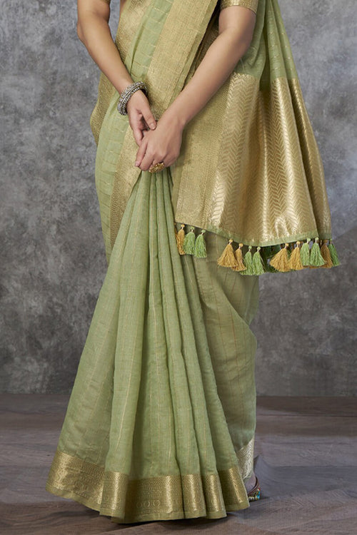 Load image into Gallery viewer, Zephyr Pista Cotton Silk Saree With Ornate Blouse Piece
