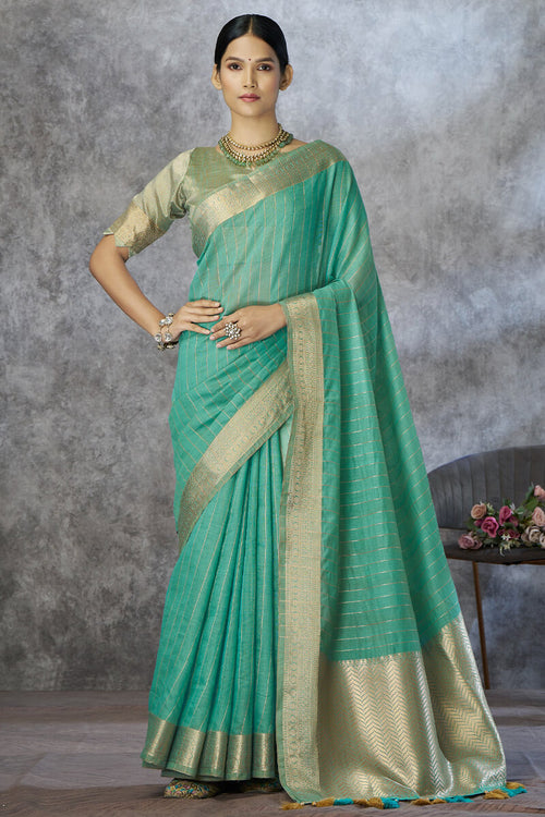 Load image into Gallery viewer, Snappy Sea Green Cotton Silk Saree With Phenomenal Blouse Piece
