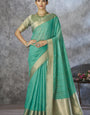 Snappy Sea Green Cotton Silk Saree With Phenomenal Blouse Piece