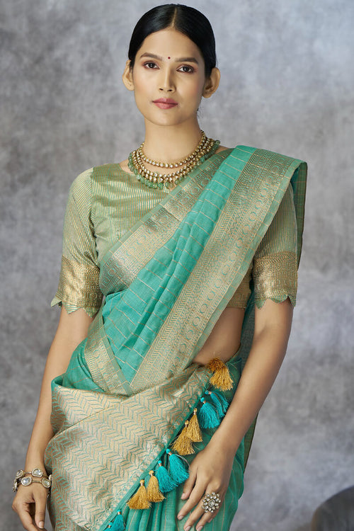 Load image into Gallery viewer, Snappy Sea Green Cotton Silk Saree With Phenomenal Blouse Piece
