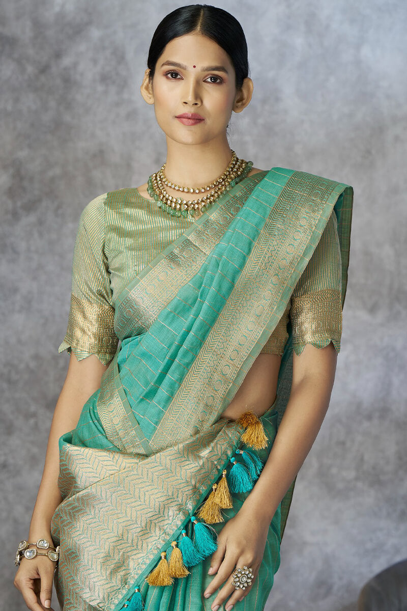 Snappy Sea Green Cotton Silk Saree With Phenomenal Blouse Piece