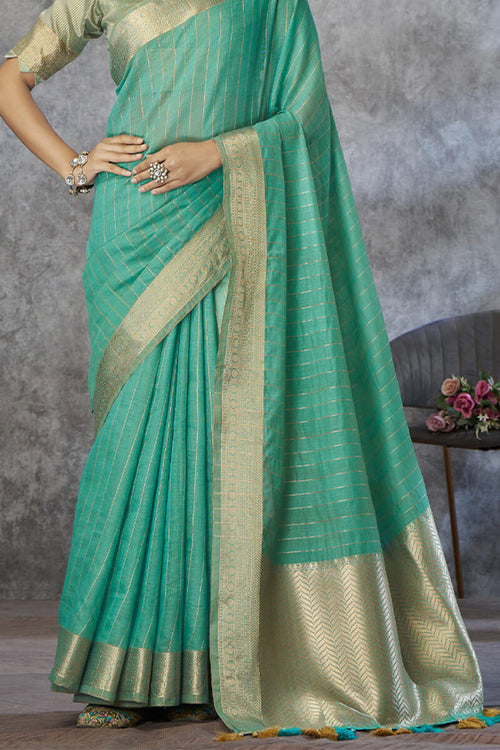 Load image into Gallery viewer, Snappy Sea Green Cotton Silk Saree With Phenomenal Blouse Piece
