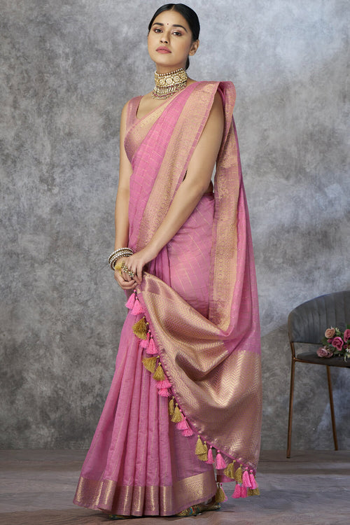 Load image into Gallery viewer, Engaging Pink Cotton Silk Saree With Petrichor Blouse Piece
