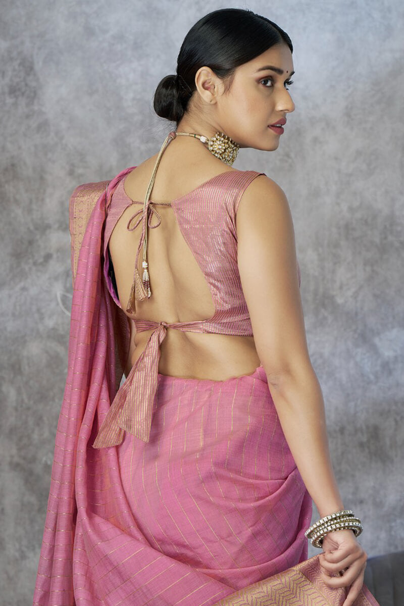 Engaging Pink Cotton Silk Saree With Petrichor Blouse Piece