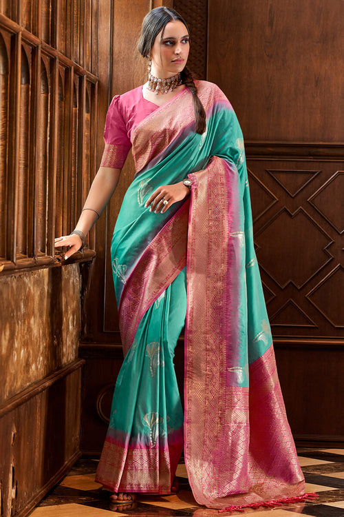 Load image into Gallery viewer, Angelic Firozi Soft Banarasi Silk Saree With Ailurophile Blouse Piece
