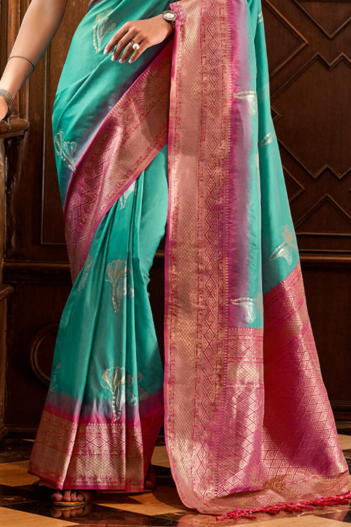 Load image into Gallery viewer, Angelic Firozi Soft Banarasi Silk Saree With Ailurophile Blouse Piece
