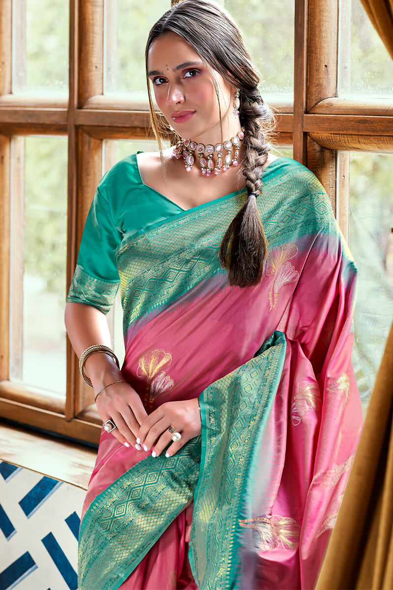 Embrocation Pink Soft Banarasi Silk Saree With Murmurous Blouse Piece