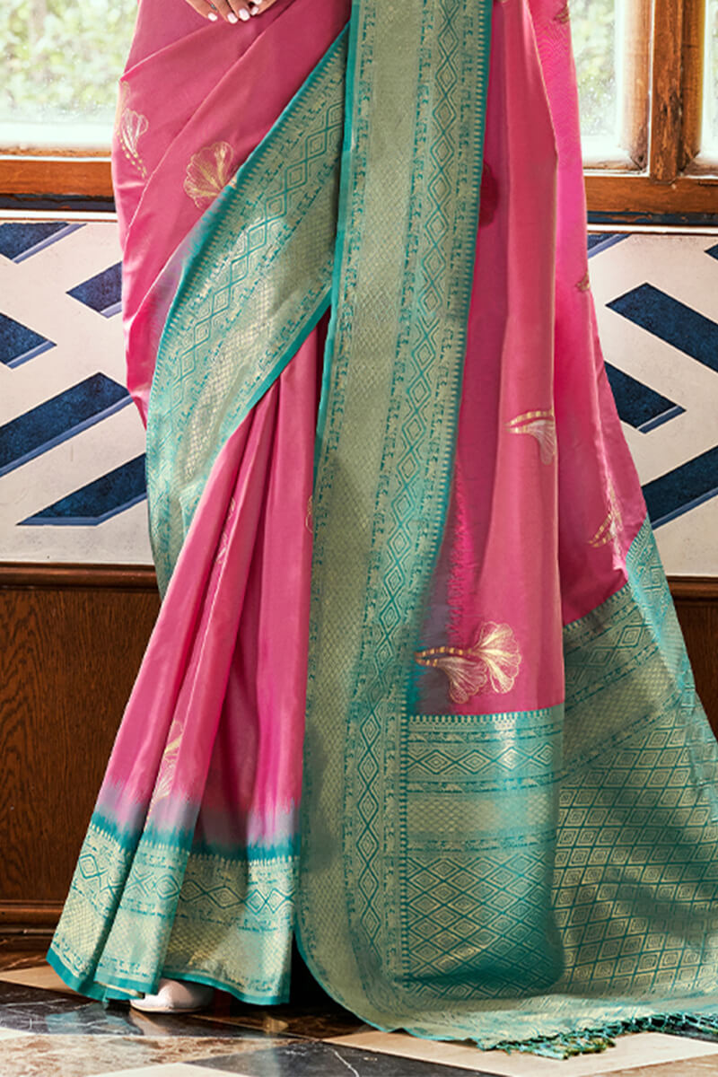 Embrocation Pink Soft Banarasi Silk Saree With Murmurous Blouse Piece