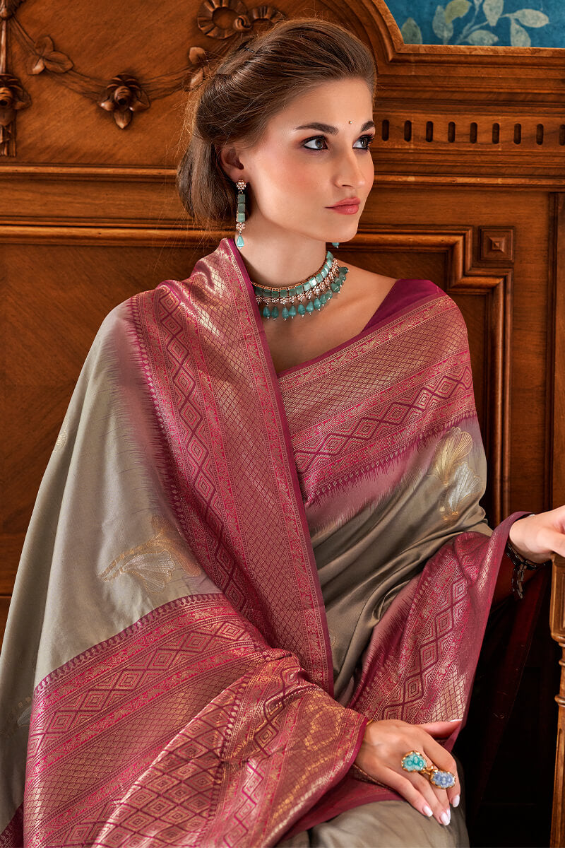 Incredible Grey Soft Banarasi Silk Saree With Glittering Blouse Piece