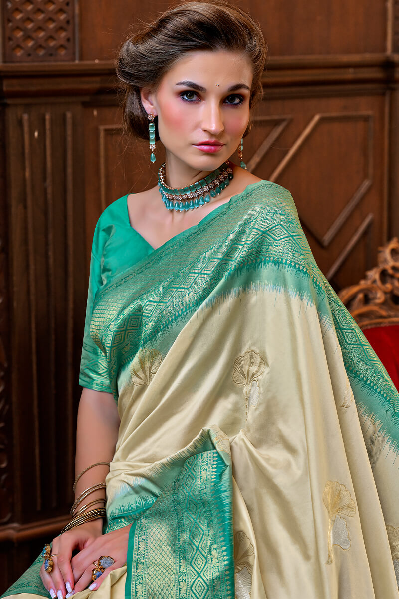 Quixotic Beige Soft Banarasi Silk Saree With Ineffable Blouse Piece