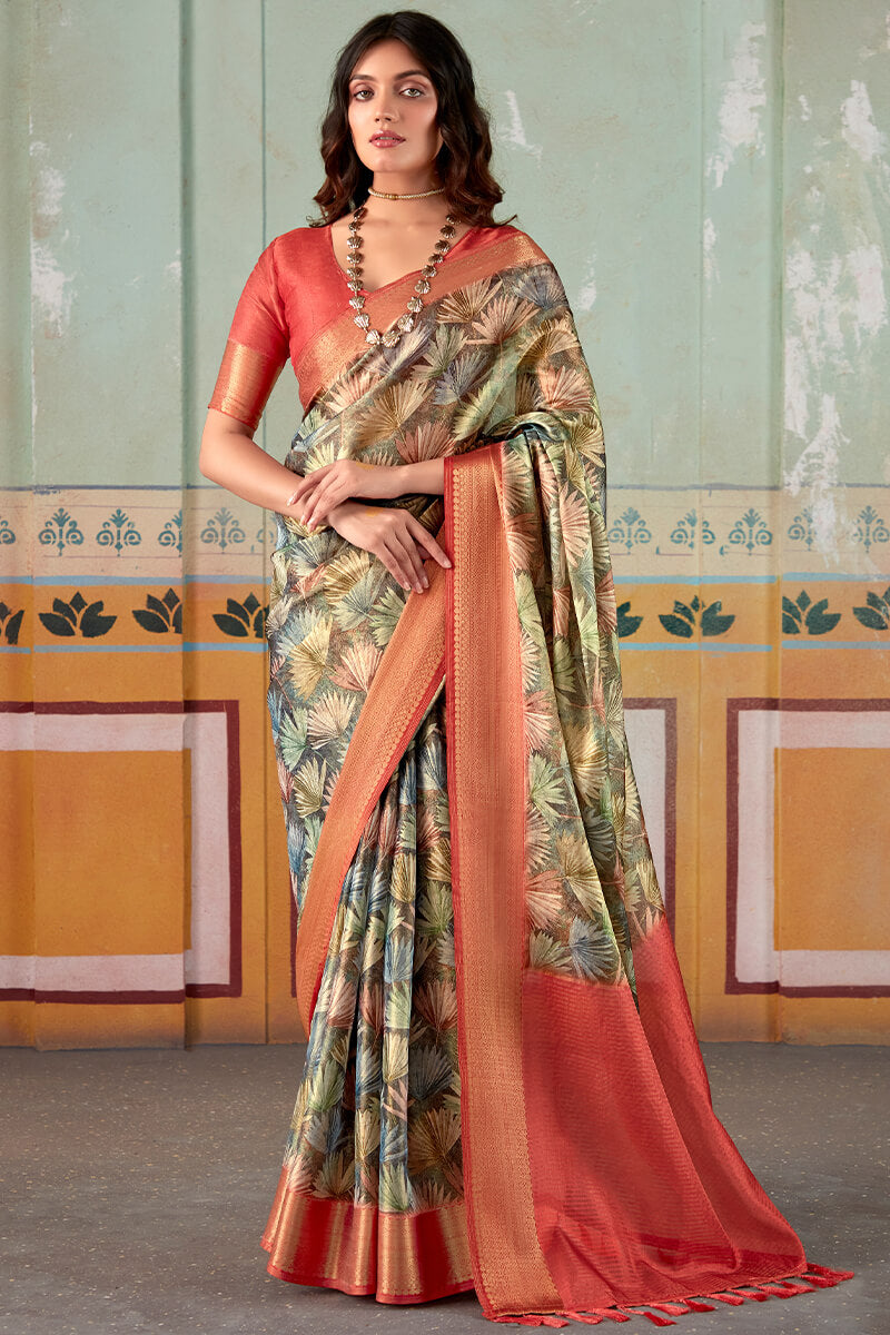 Desiring Grey Digital Printed Soft Silk Saree With Intricate Blouse Piece