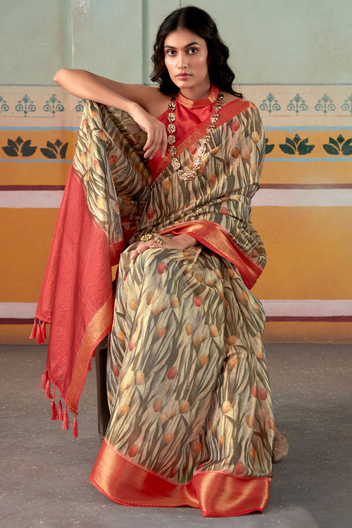 Load image into Gallery viewer, Capricious Brown Digital Printed Soft Silk Saree With Mesmerising Blouse Piece
