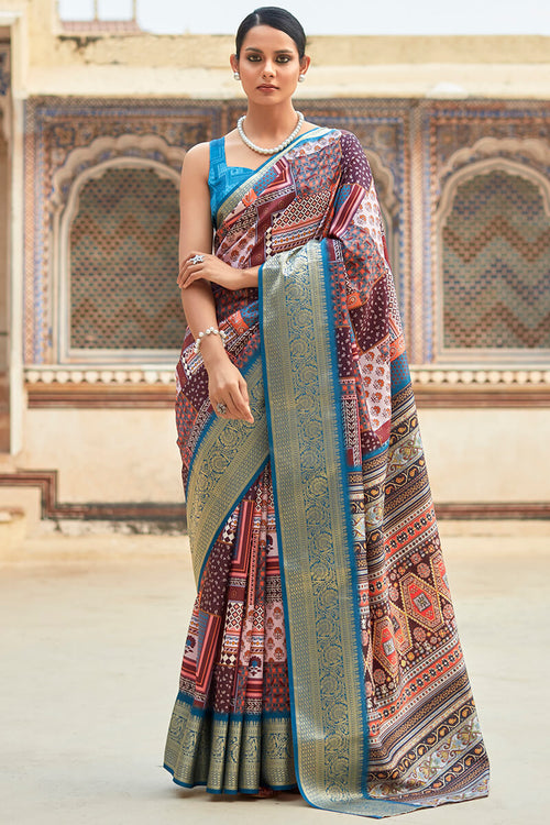 Load image into Gallery viewer, Gratifying Wine Digital Printed Dola Silk Saree With Ratatouille Blouse Piece
