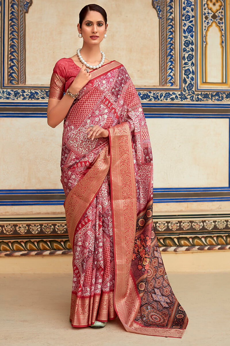 Fugacious Maroon Digital Printed Dola Silk Saree With Ebullience Blouse Piece