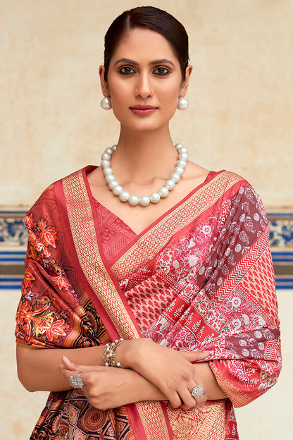 Fugacious Maroon Digital Printed Dola Silk Saree With Ebullience Blouse Piece