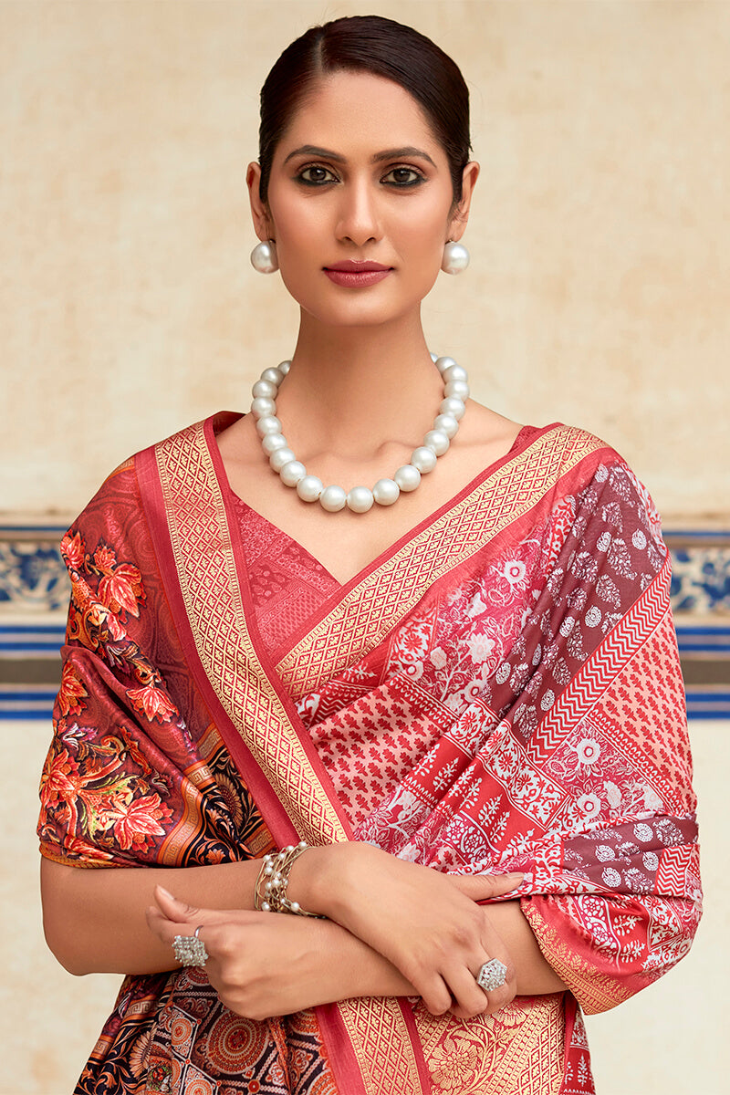 Fugacious Maroon Digital Printed Dola Silk Saree With Ebullience Blouse Piece