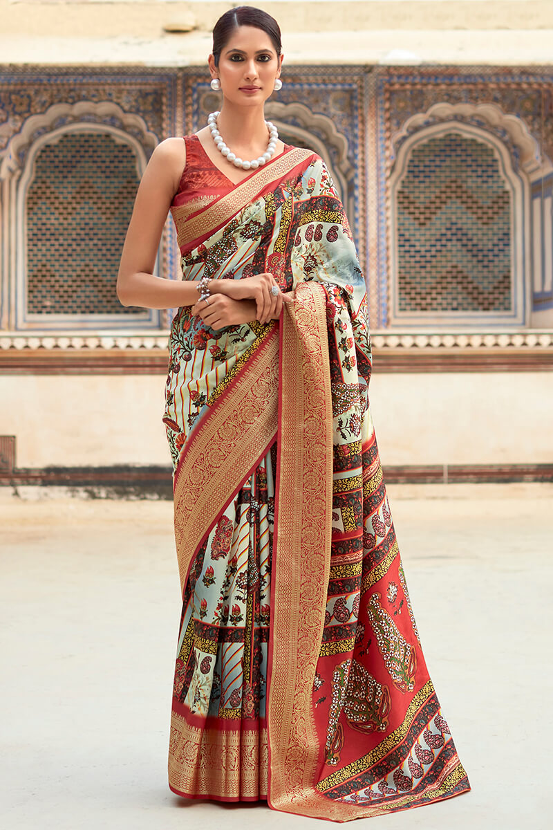 Brood Beige Digital Printed Dola Silk Saree With Exquisite Blouse Piece