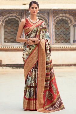 Brood Beige Digital Printed Dola Silk Saree With Exquisite Blouse Piece