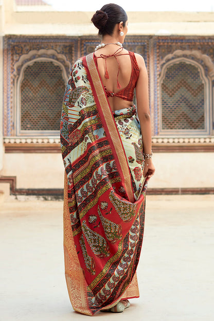 Brood Beige Digital Printed Dola Silk Saree With Exquisite Blouse Piece