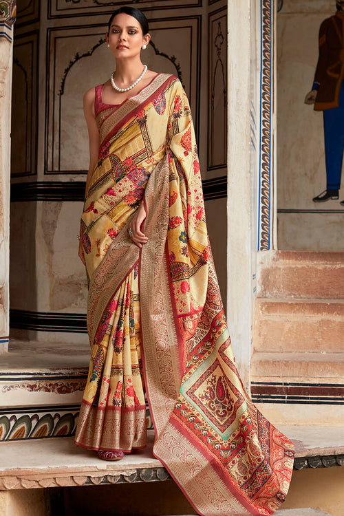 Load image into Gallery viewer, Glorious Yellow Digital Printed Dola Silk Saree With Captivating Blouse Piece
