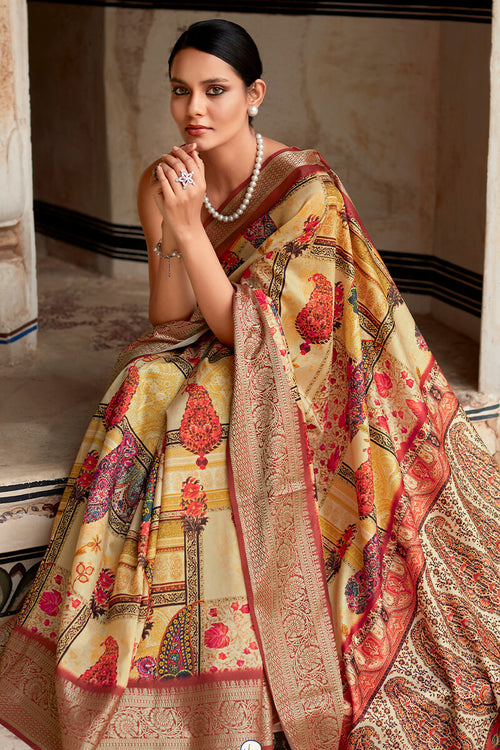 Load image into Gallery viewer, Glorious Yellow Digital Printed Dola Silk Saree With Captivating Blouse Piece
