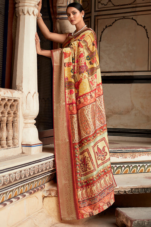 Load image into Gallery viewer, Glorious Yellow Digital Printed Dola Silk Saree With Captivating Blouse Piece
