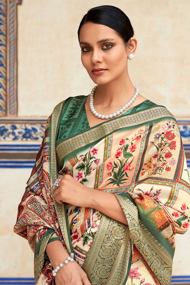 Charming Beige Digital Printed Dola Silk Saree With Stylish Blouse Piece