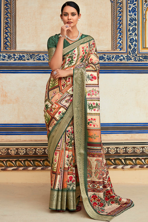 Load image into Gallery viewer, Charming Beige Digital Printed Dola Silk Saree With Stylish Blouse Piece
