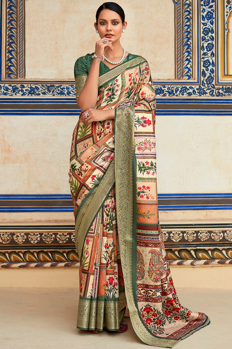 Charming Beige Digital Printed Dola Silk Saree With Stylish Blouse Piece