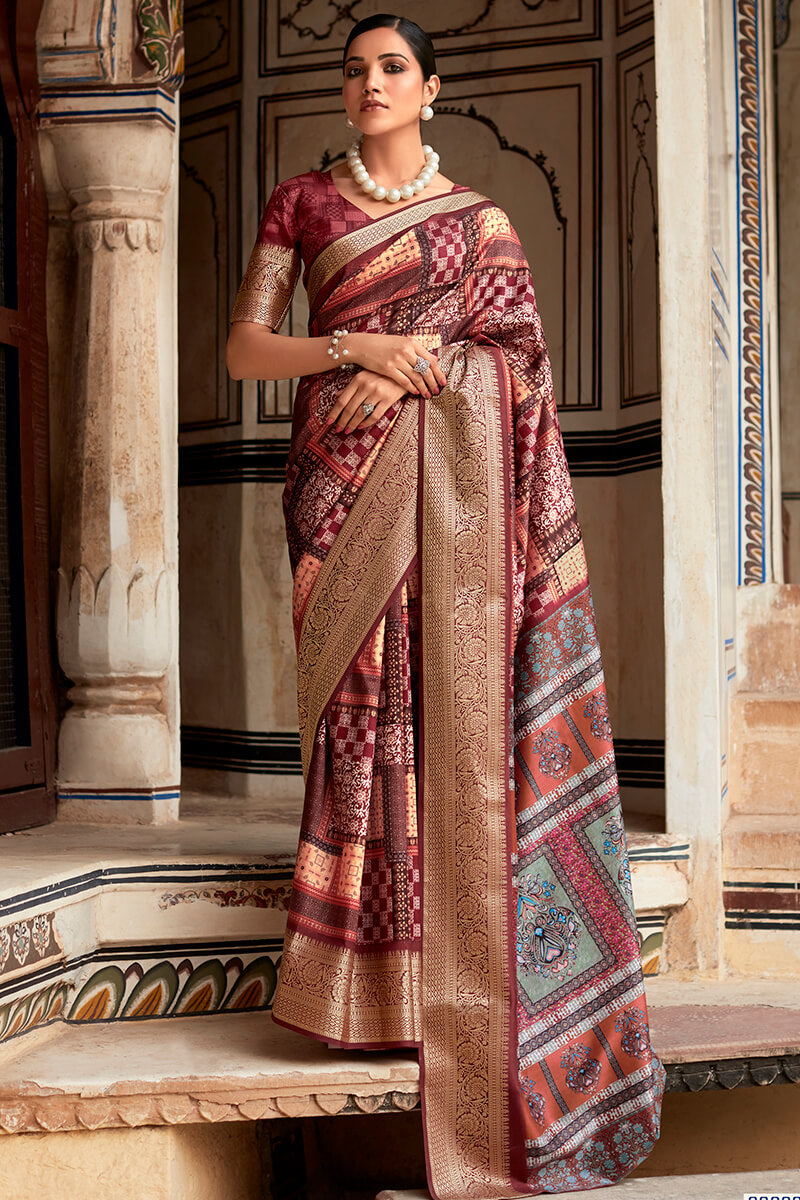 Sophisticated Wine Digital Printed Dola Silk Saree With Flattering Blouse Piece