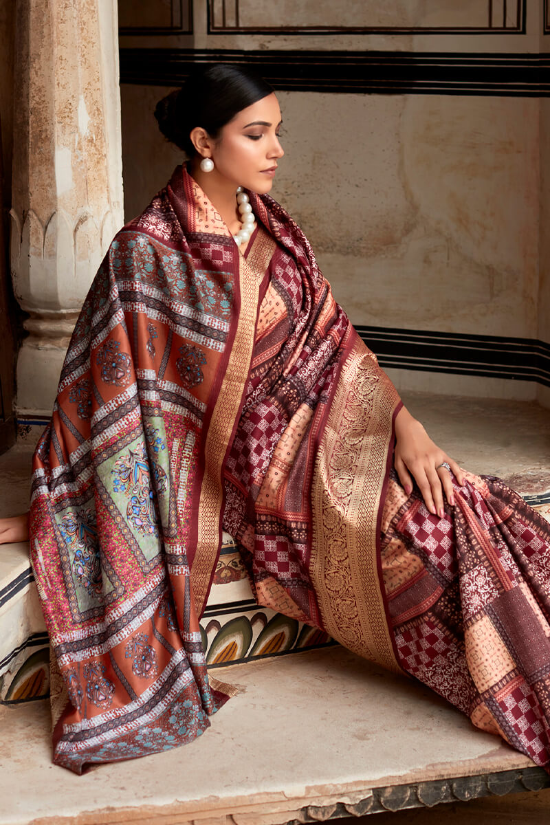 Sophisticated Wine Digital Printed Dola Silk Saree With Flattering Blouse Piece