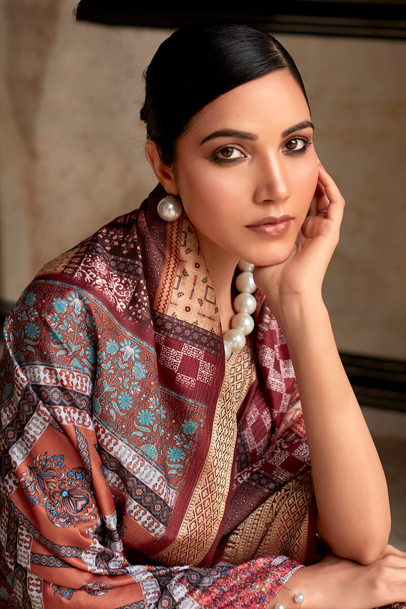 Sophisticated Wine Digital Printed Dola Silk Saree With Flattering Blouse Piece