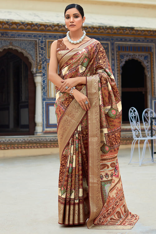 Load image into Gallery viewer, Amazing Brown Digital Printed Dola Silk Saree With Invaluable Blouse Piece
