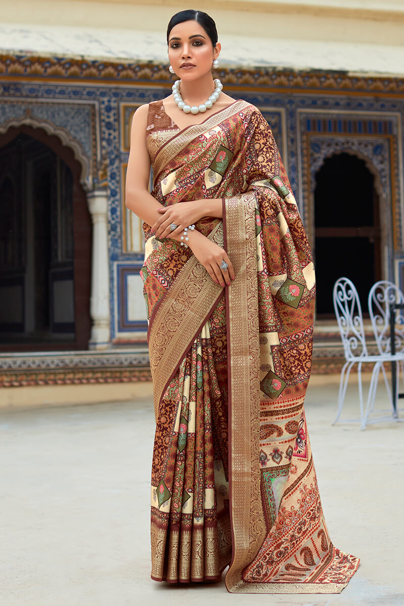 Amazing Brown Digital Printed Dola Silk Saree With Invaluable Blouse Piece