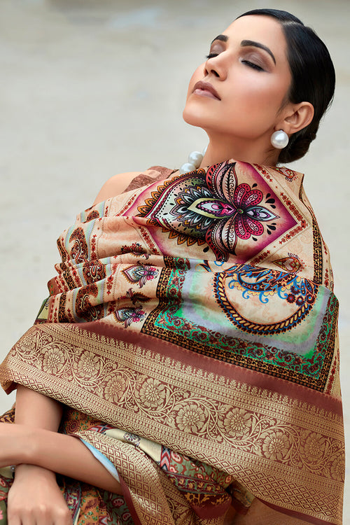 Load image into Gallery viewer, Amazing Brown Digital Printed Dola Silk Saree With Invaluable Blouse Piece
