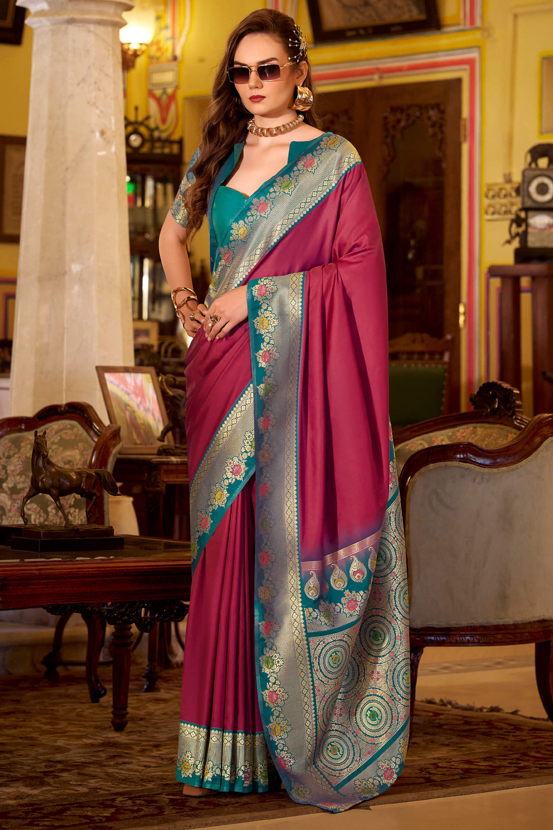 Ethnic Maroon Pure Zari Weaving Banarasi Silk Saree With Scintilla Blouse Piece