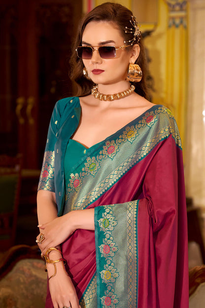 Ethnic Maroon Pure Zari Weaving Banarasi Silk Saree With Scintilla Blouse Piece