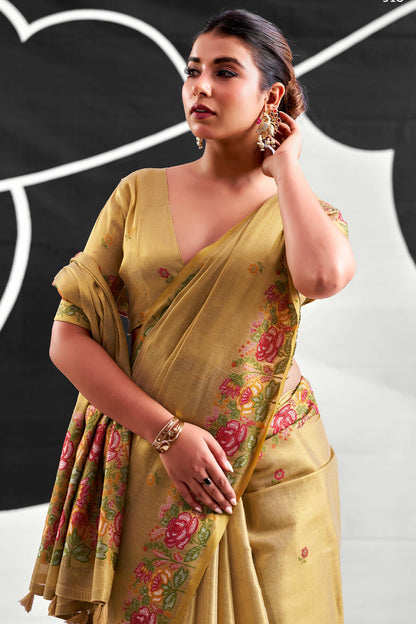 Extraordinary Beige Banarasi Tissue Silk Saree With Staring Blouse Piece
