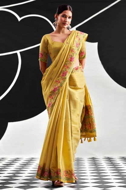 Excellent Yellow Banarasi Tissue Silk Saree With Alluring Blouse Piece