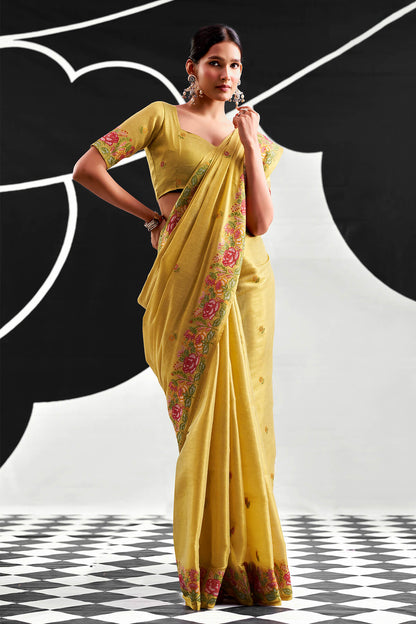Excellent Yellow Banarasi Tissue Silk Saree With Alluring Blouse Piece