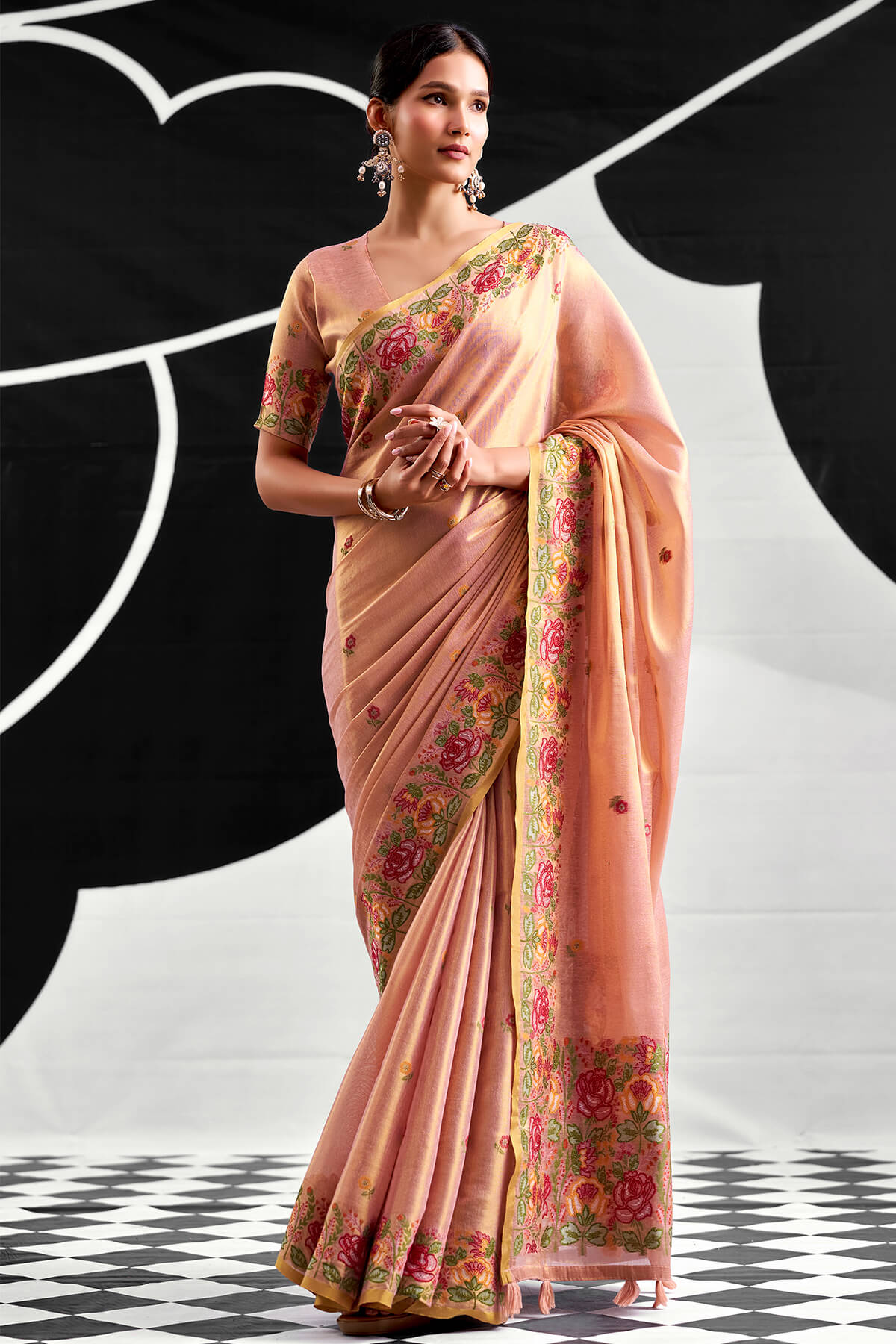 Gratifying Baby Pink Banarasi Tissue Silk Saree With Cynosure Blouse Piece