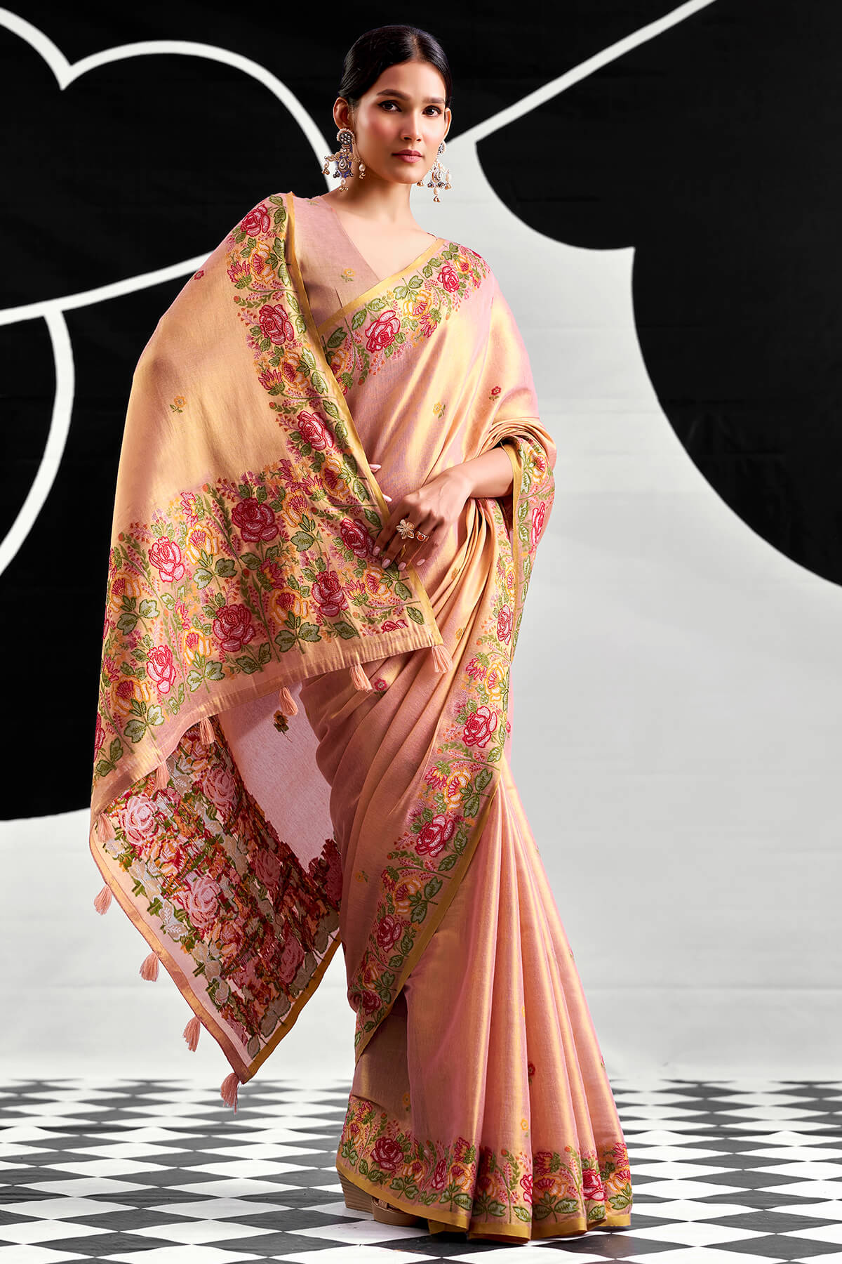 Gratifying Baby Pink Banarasi Tissue Silk Saree With Cynosure Blouse Piece