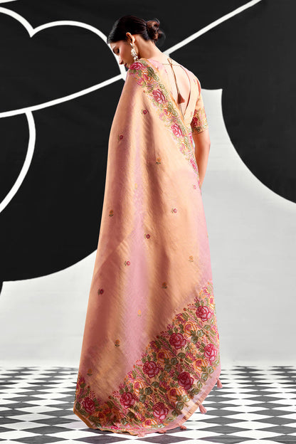 Gratifying Baby Pink Banarasi Tissue Silk Saree With Cynosure Blouse Piece